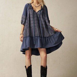 Multicolor Cute Women's Vacation Contrast Striped Ruffle Hem Tie Neck Dress